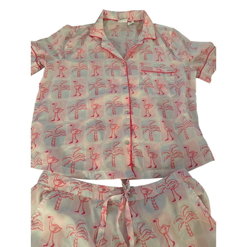 Bouffant’s & Broken Hearts Womens Size Medium Pink Flamingo Print Pajama Set - Picture 3 of 11